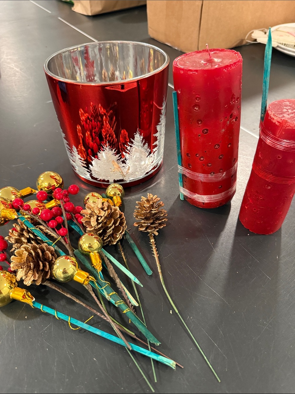 Red Holiday Candle Set with Pinecone & Berry Accents